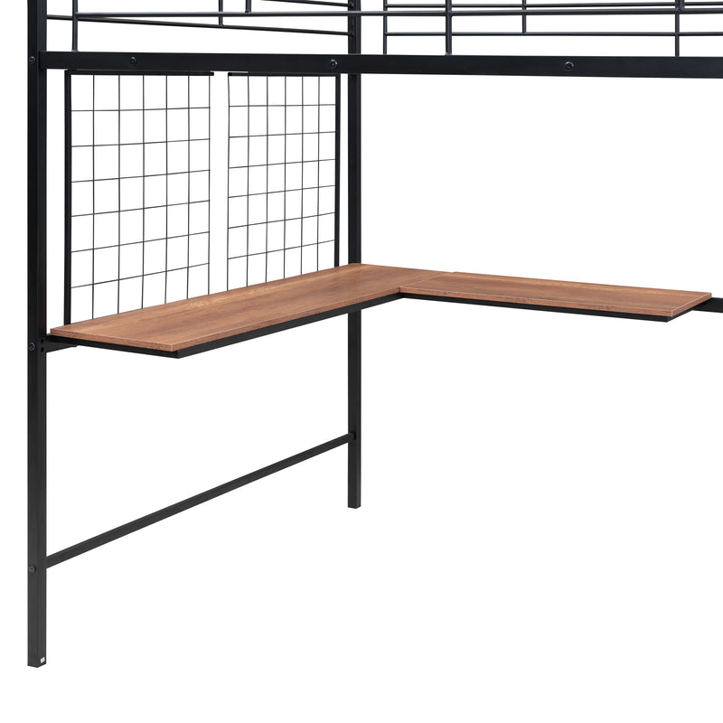 Full Size Metal Loft Bed with Desk and Metal Grid, Stylish Metal Frame Bed with Lateral Storage Ladder and Wardrobe, Black