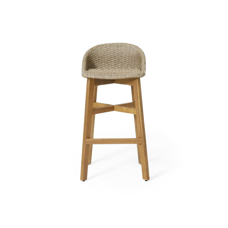 Beeson - Outdoor Wicker And Acacia Wood Barstools Set, Water Resistant - Brown