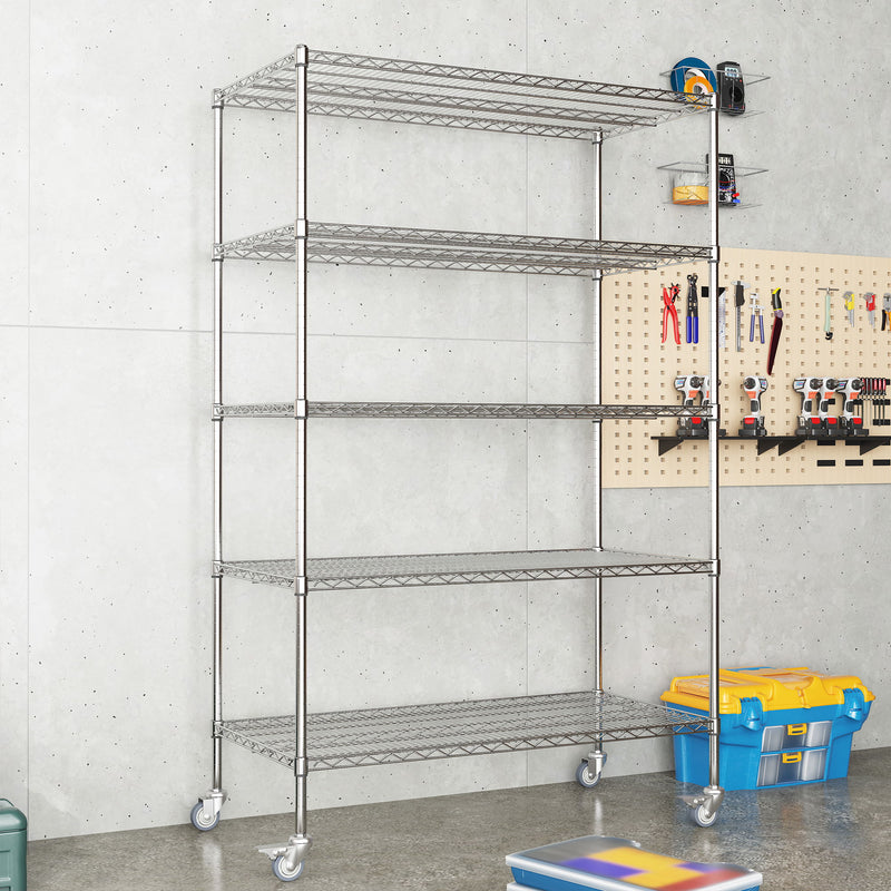 Heavy Duty Adjustable Shelving Unit, 5 Tier Wire Storage Shelves With Wheels - Brushed Nickel