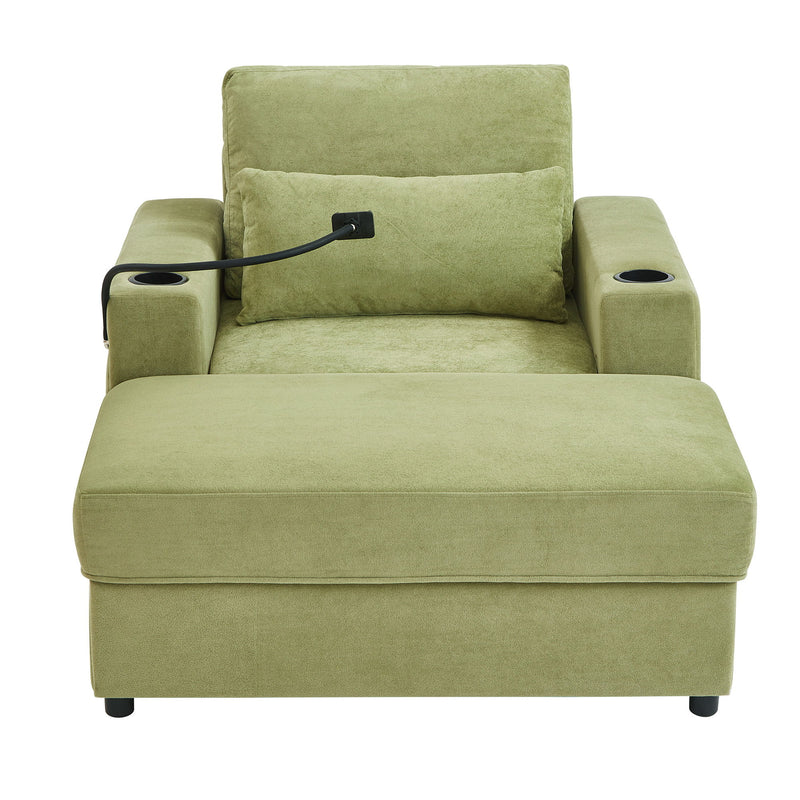 Modern Style Armchair Chaise Lounge Sofa Couch With Movable Storage Ottoman, USB Ports, Cup Holders, Phone Holder, Side Pockets