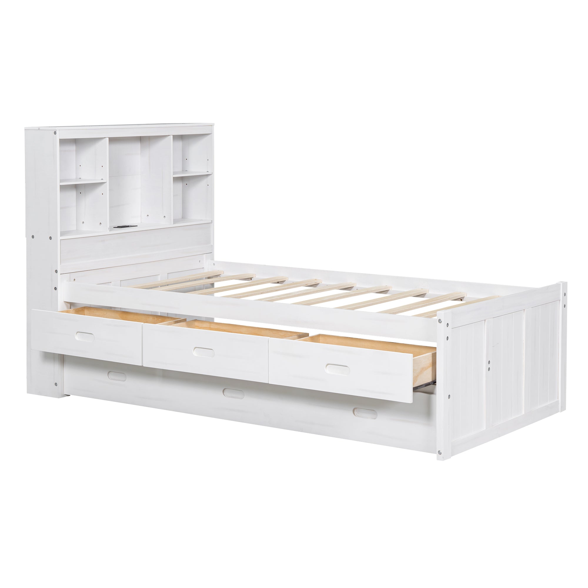 Twin Size Platform Bed with Storage Headboard, Charging Station, Twin Size Trundle and 3 Drawers, Antique White - Atlantic Fine Furniture Melbourne FL