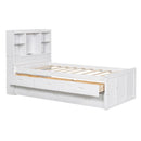 Twin Size Platform Bed with Storage Headboard, Charging Station, Twin Size Trundle and 3 Drawers, Antique White