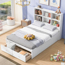 Full Size Platform Bed with Storage Headboard, Charging Station and 2 Drawers, White