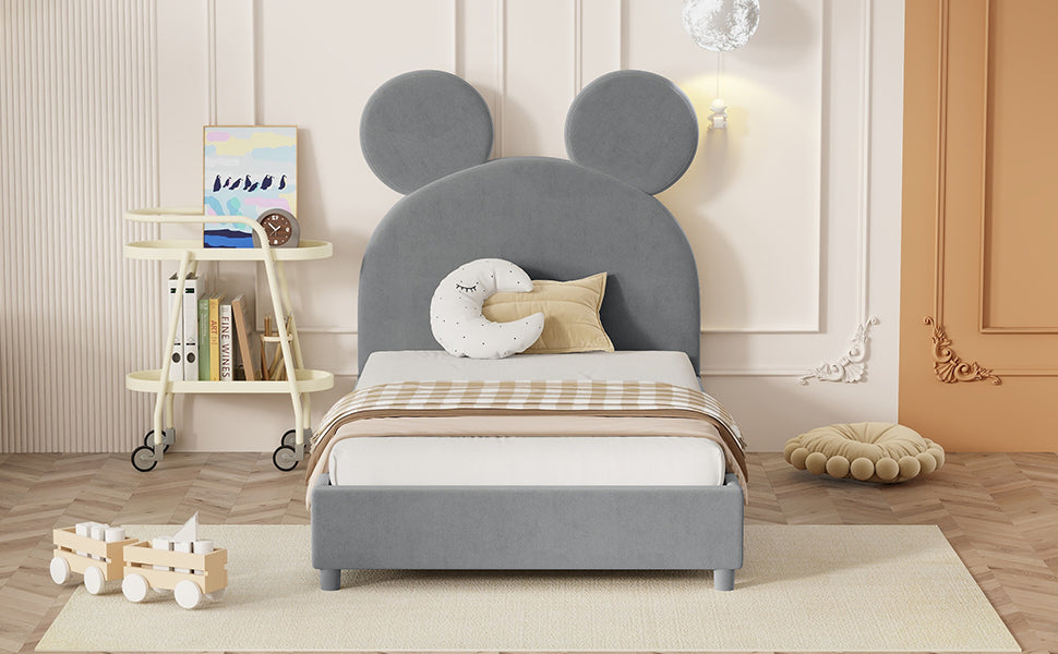 Twin Size Upholstered Platform Bed with Bear Ear Shaped Headboard, Gray - Atlantic Fine Furniture Melbourne FL