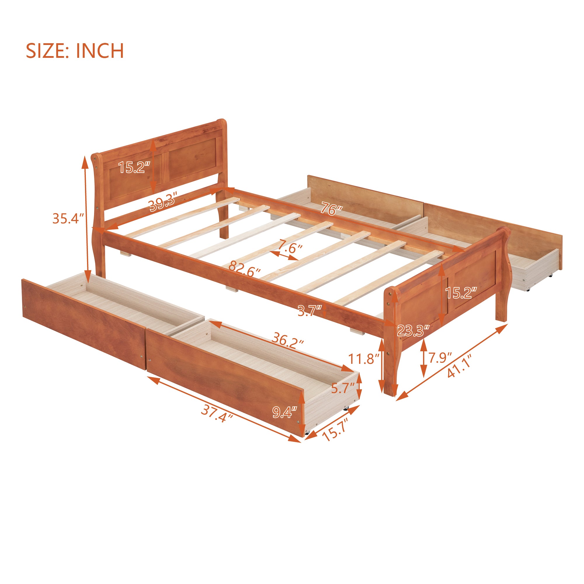 Twin Size Wood Platform Bed with 4 Drawers and Streamlined Headboard & Footboard, Oak - Atlantic Fine Furniture Melbourne FL