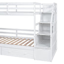 Twin over Twin Bunk Bed with Storage Staircase, Slide and Drawers, Desk with Drawers and Shelves, White