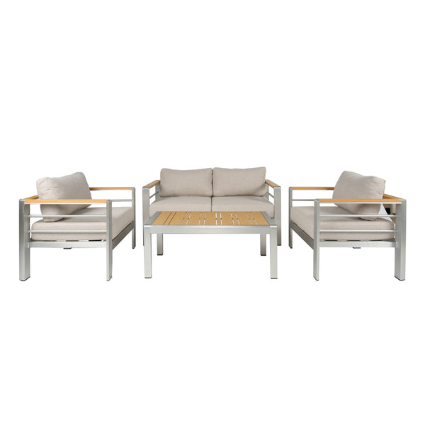 Cora - Outdoor Patio Aluminum 4 Pieces Chat Set - Beige / Natural / Silver