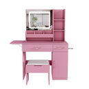 Vanity Desk With LED Mirror Lights And Power Outlet Charging Station, 3 Drawers, 7 Shelves, Storage Stool - Pink