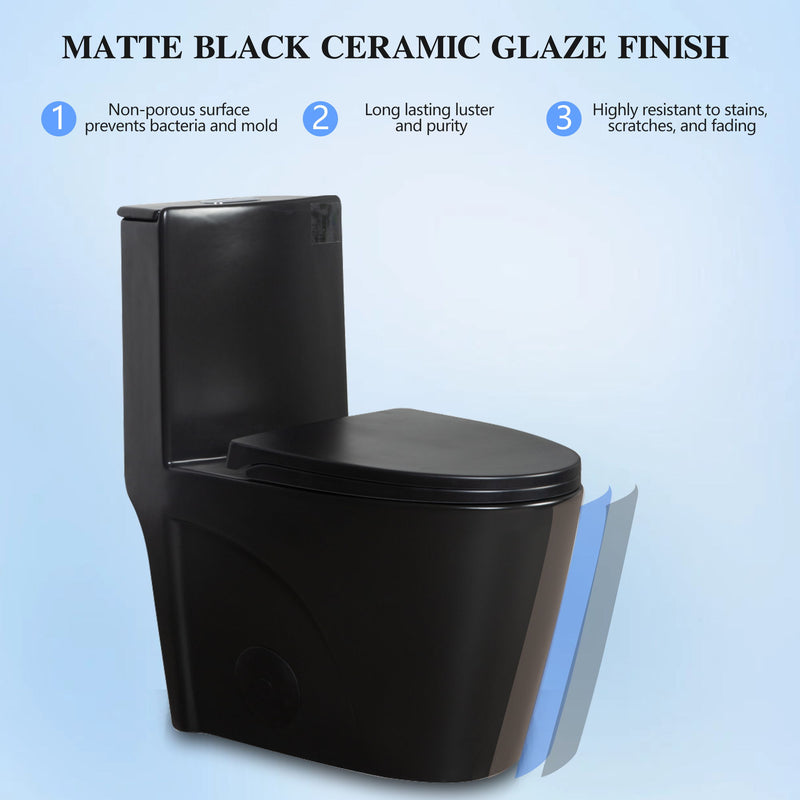 1.1 / 1.60 Gpf Dual Flush 1 Piece Toilet, Water Saving Elongated Comfort Height Floor Mounted, Soft Close Seat, 1000 Gram Map Flushing Score Toilet - Matte Black