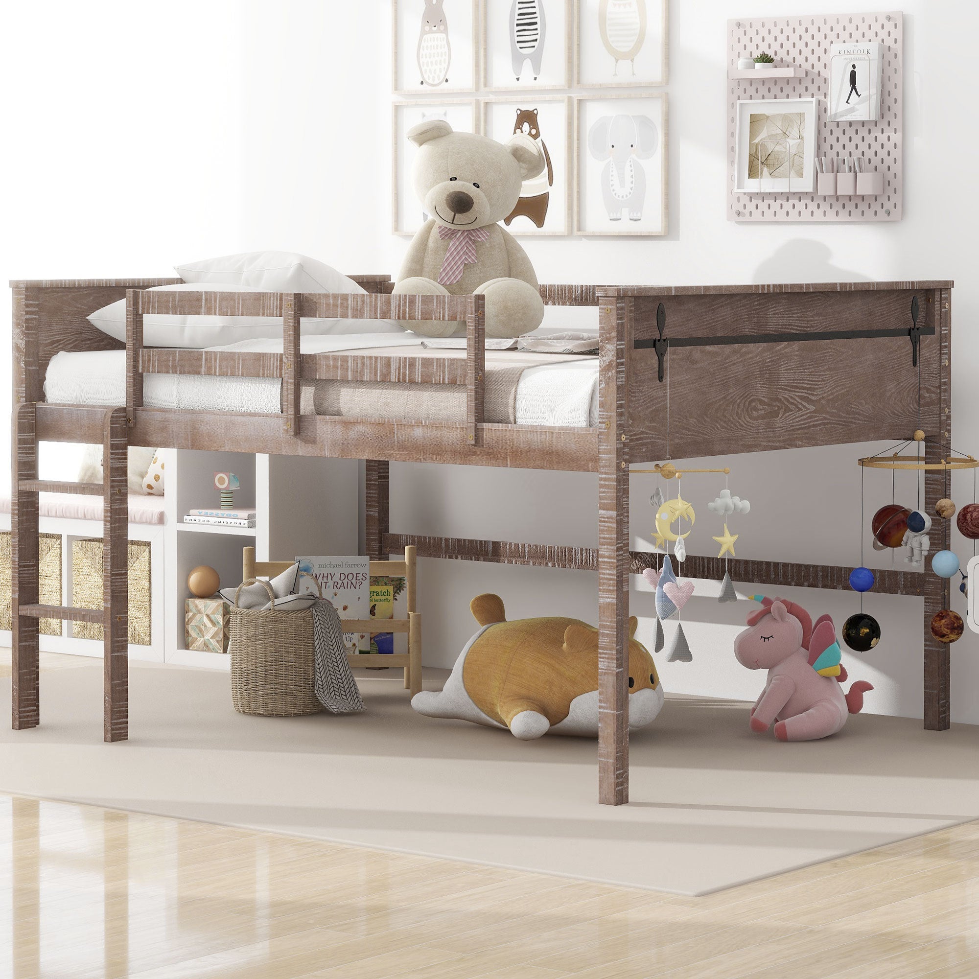 Wood Full Size Loft Bed with Hanging Clothes Racks, White Rustic Natural - Atlantic Fine Furniture Melbourne FL