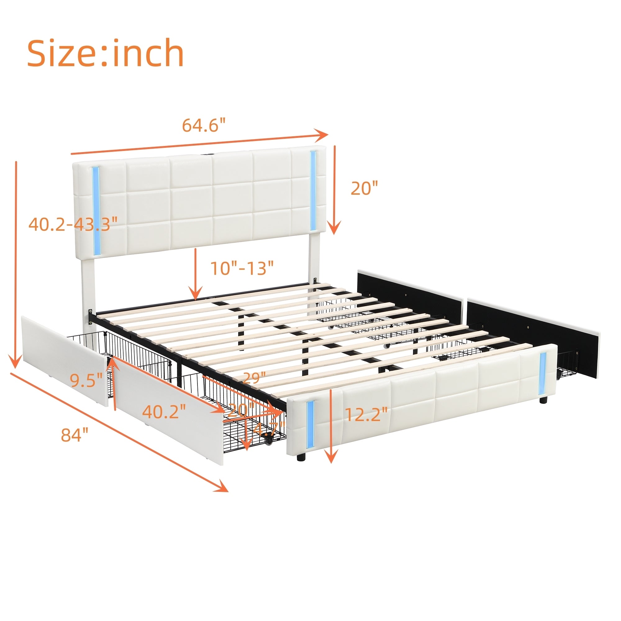 Queen Size Upholstered Platform Bed with LED Lights and USB Charging, Storage Bed with 4 Drawers, White - Atlantic Fine Furniture Melbourne FL
