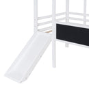 Loft House Bed With Ladder And Slide, With Blackboard And Light Strip On The Roof