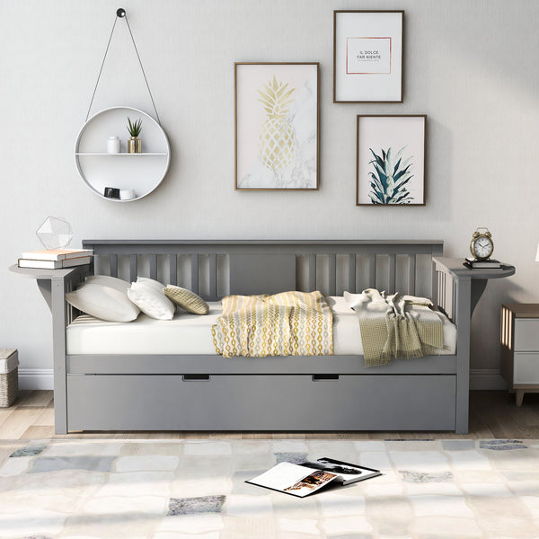 Twin Wooden Daybed with Trundle Bed  , Sofa Bed for Bedroom Living Room, Gray
