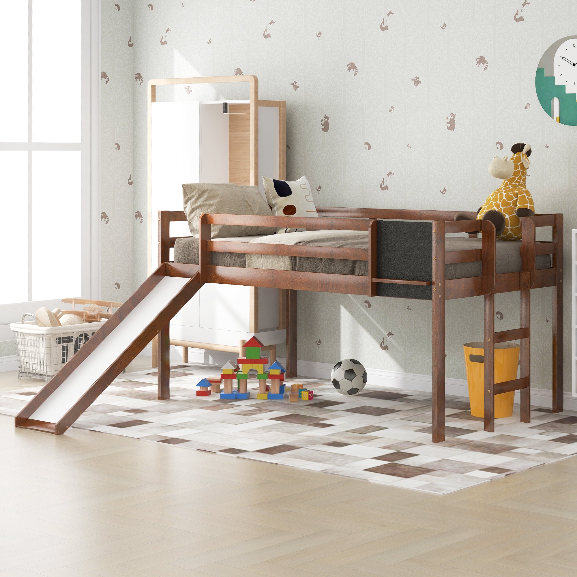 Twin size Loft Bed Wood Bed with Slide, Stair and Chalkboard,Walnut(OLD SKU :WF282115AAL) - Atlantic Fine Furniture Melbourne FL