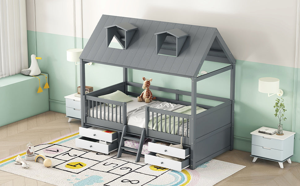 Twin Size Wood Bed House Bed Frame,Gray - Atlantic Fine Furniture Melbourne FL