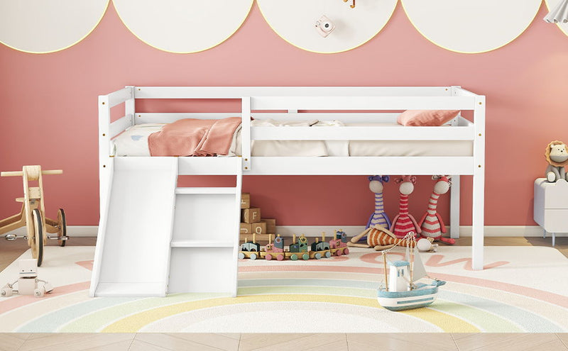 Low Loft Bed With Slide, Ladder, Safety Guardrails, No Box Spring Needed