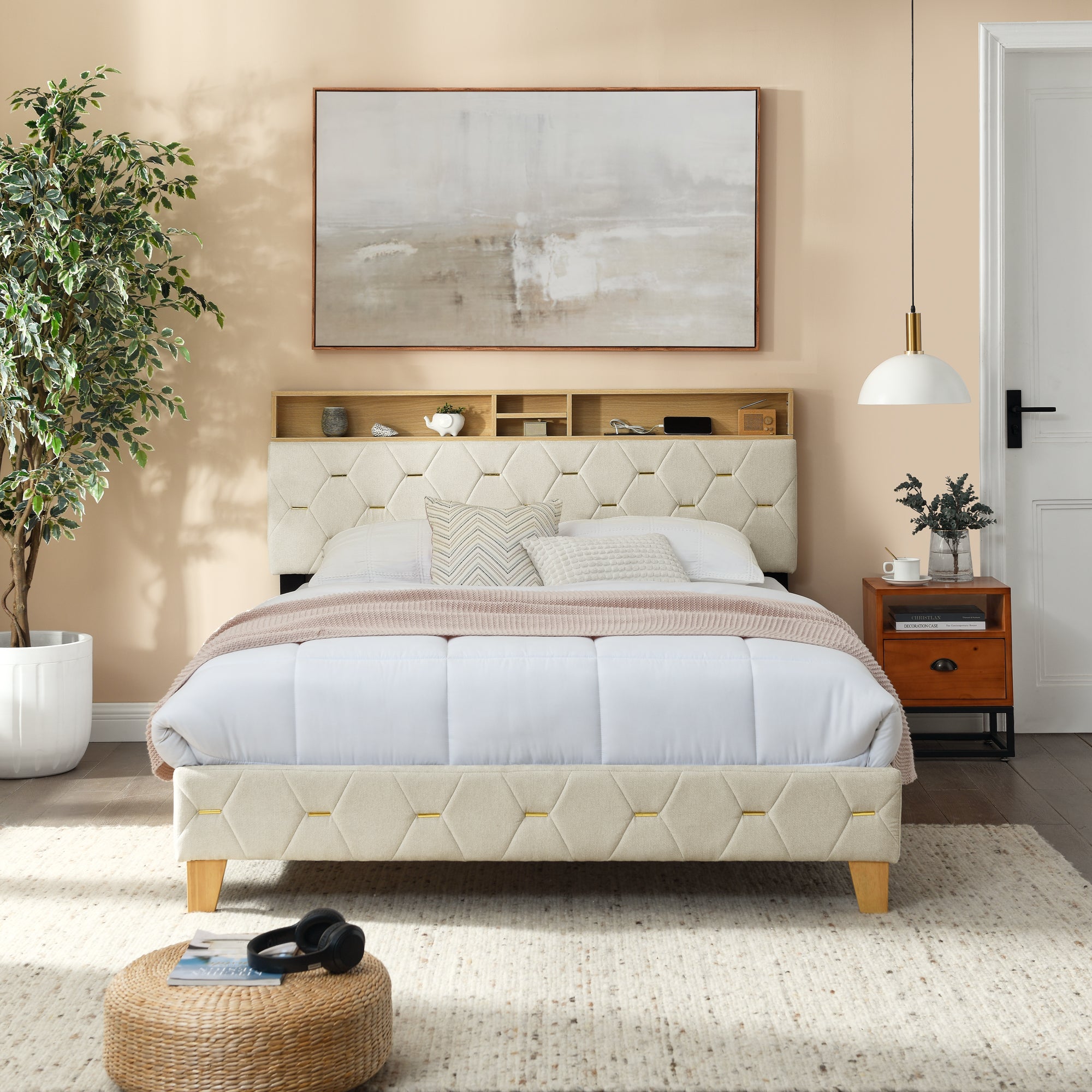 Queen Size Bed Frame, Shelf Upholstered Headboard, Platform Bed with Outlet & USB Ports, Wood Legs, No Box Spring Needed, Easy Assembly, Beige - Atlantic Fine Furniture Melbourne FL