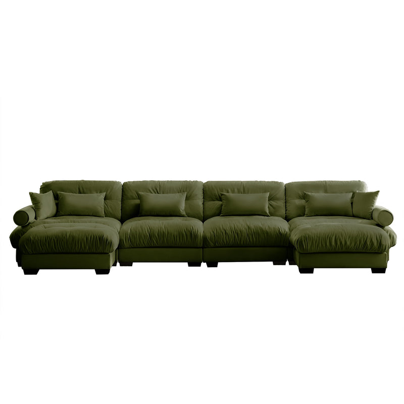 Modern Sectional Sofa With Ottoman, Round Bolster Armrests, Waist And Throw Pillows