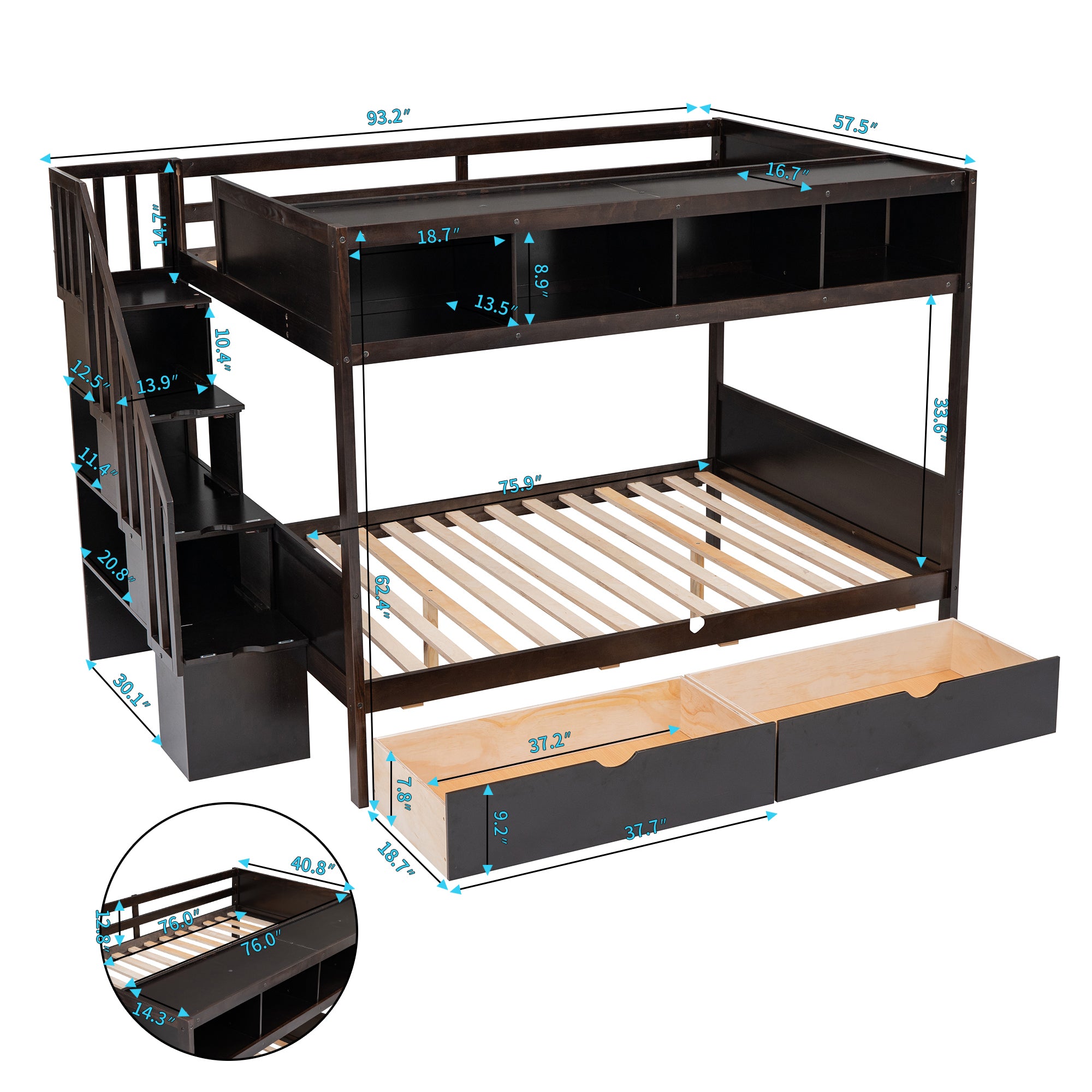 Twin over Full Bunk Bed with Shelfs, Storage Staircase and 2 Drawers, Espresso - Atlantic Fine Furniture Melbourne FL