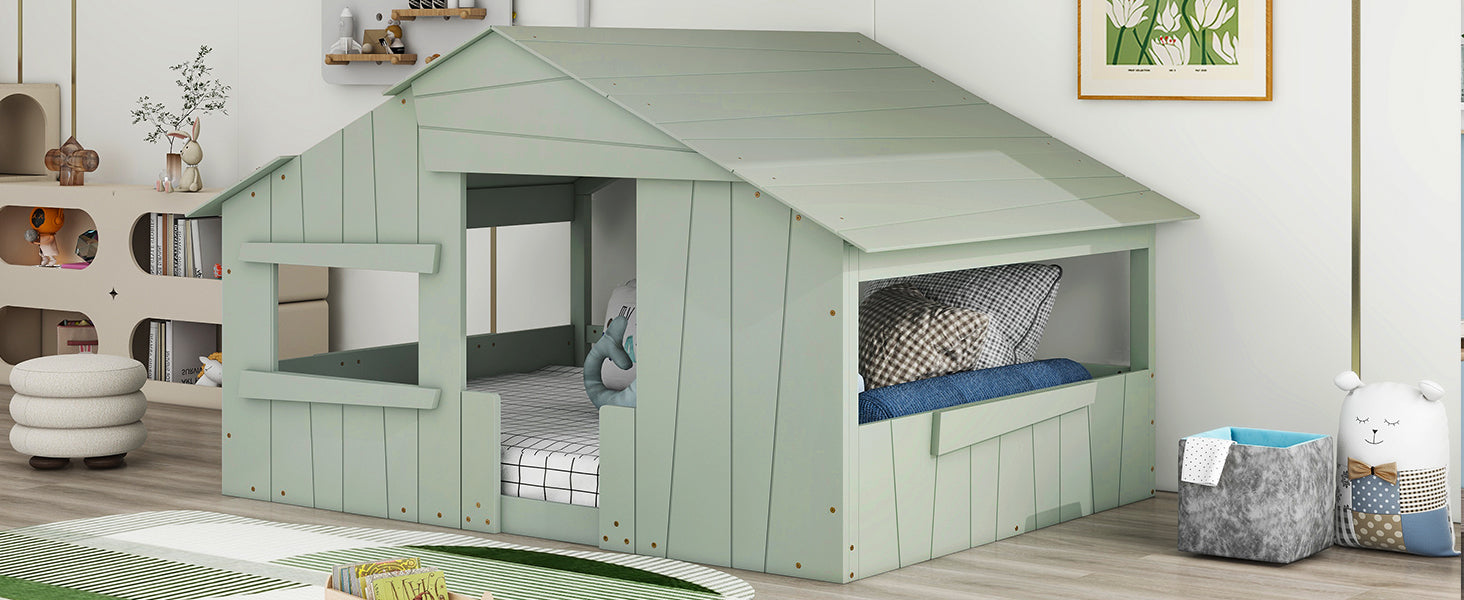 Wood Full Size House Bed with Roof, Window and Guardrail, Light Green - Atlantic Fine Furniture Melbourne FL