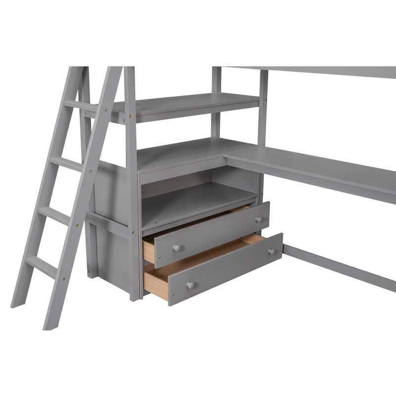 Twin Size Loft Bed with Desk and Shelves, Two Built-in Drawers, Gray(old SKU:GX000803AAE-1)