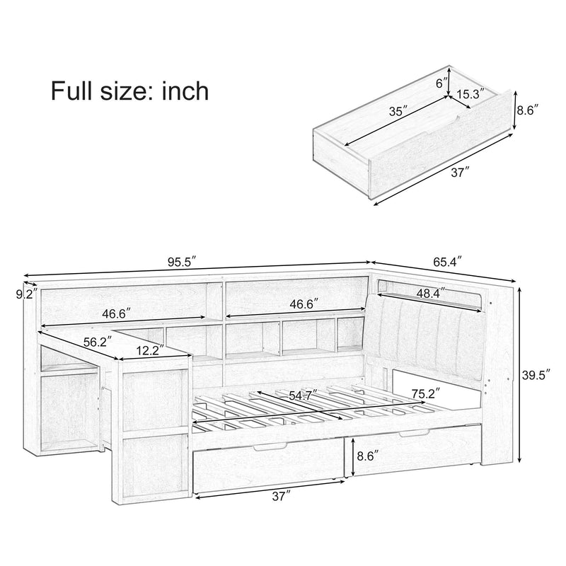 L Shaped Daybed With Desk, Bookcase, Upholstered Headboard, Drawers, And LED Light
