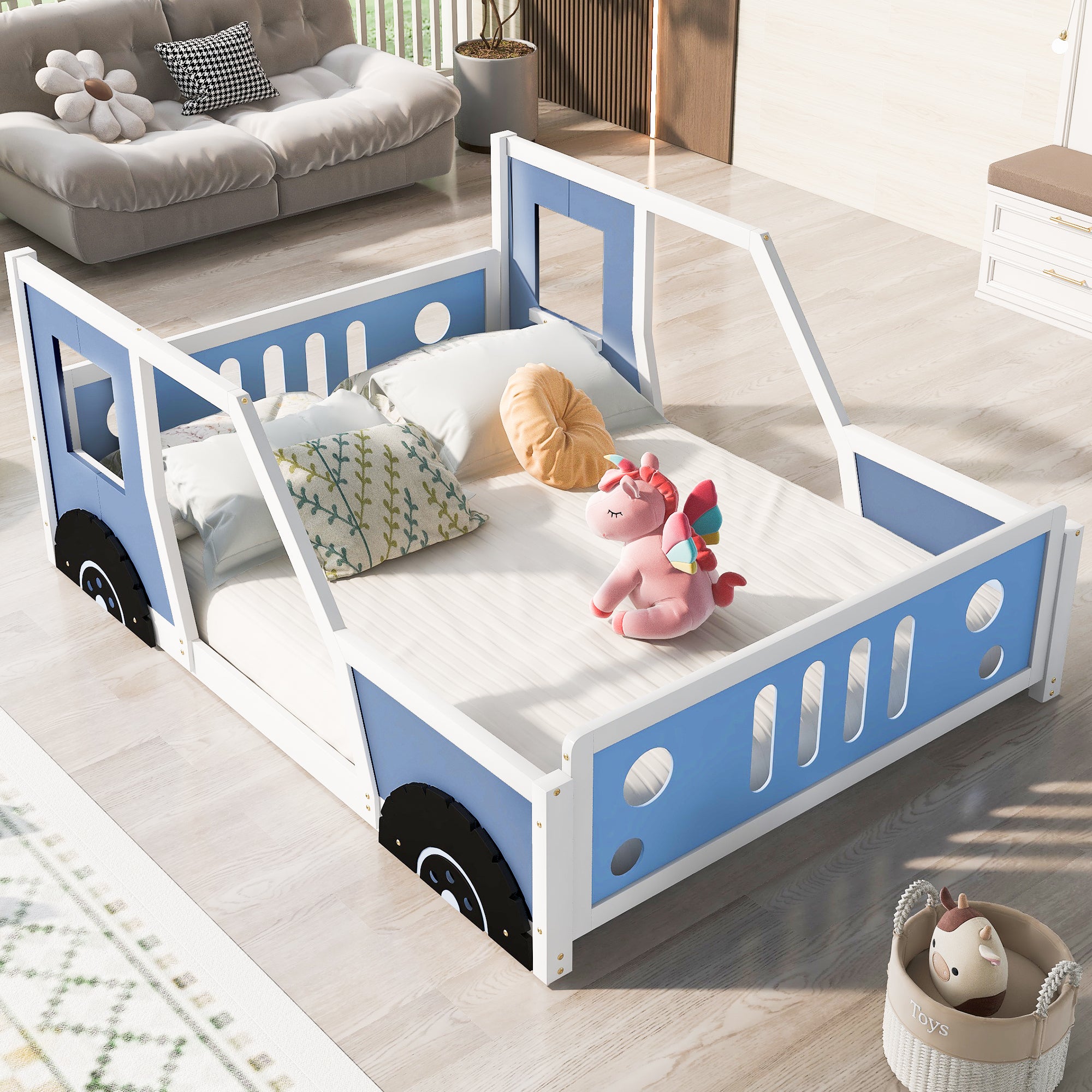 Full Size Classic Car-Shaped Platform Bed with Wheels,Blue - Atlantic Fine Furniture Melbourne FL