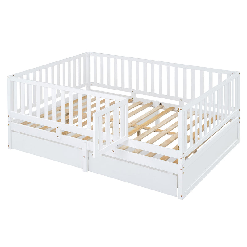 Daybed With Fence Guardrails And 2 Drawers, Split Into Independent Floor Bed & Daybed