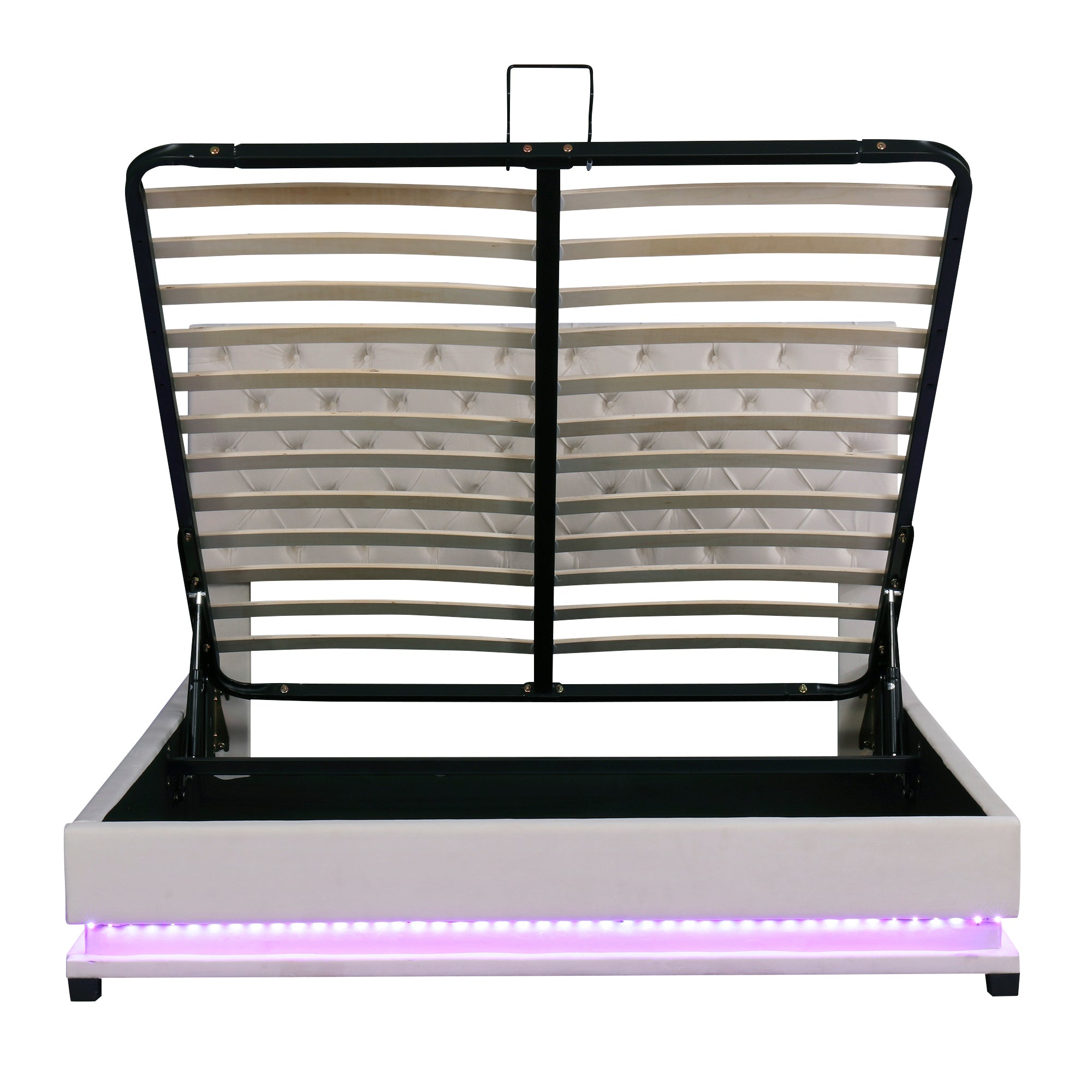 Queen Size Storage Upholstered Platform Bed with Adjustable Tufted Headboard and LED Light, Beige - Atlantic Fine Furniture Melbourne FL