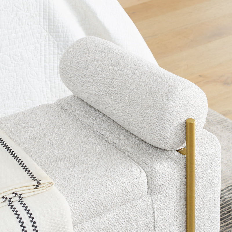 Elegant Upholstered Linen Storage Bench With Cylindrical Arms And Iron Legs, White