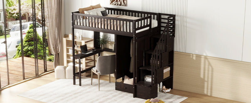 Twin size Loft Bed with Bookshelf,Drawers,Desk,and Wardrobe-Espresso