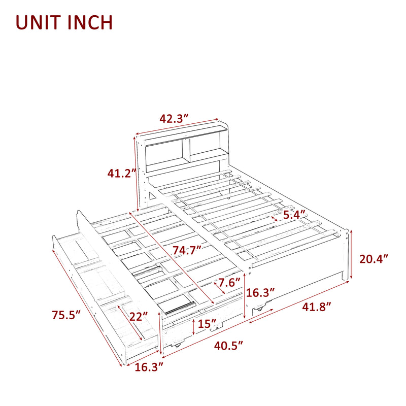 Twin Bed with Bookcase,Twin Trundle,Drawers,Espresso