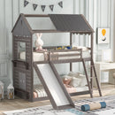 Twin Over Twin Bunk Bed Wood Bed with Roof, Window, Slide, Ladder ,Antique Gray(OLD SKU:LP000059AAE)