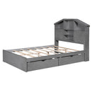 Full Size Wood Platform Bed with House-shaped Storage Headboard and 2 Drawers, Gray