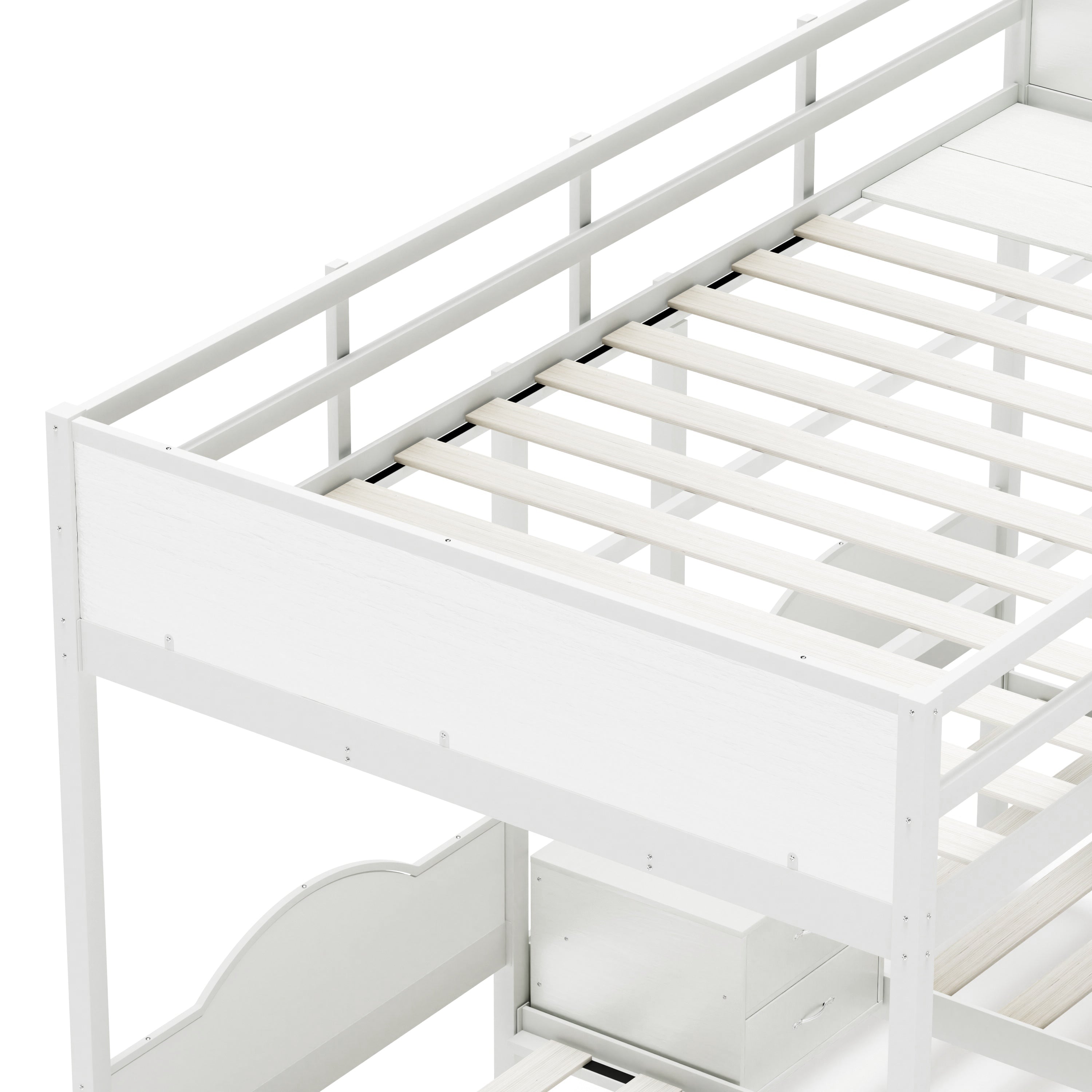 Full Over Twin & Twin Bunk Bed Metal Triple Bed With Nightstand and Guardrails. White, 96.9'' L x 76'' W x 69'' H
