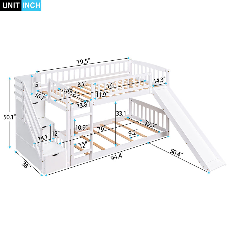 Stairway Twin Over Twin Bunk Bed With Two Drawers And Slide - White