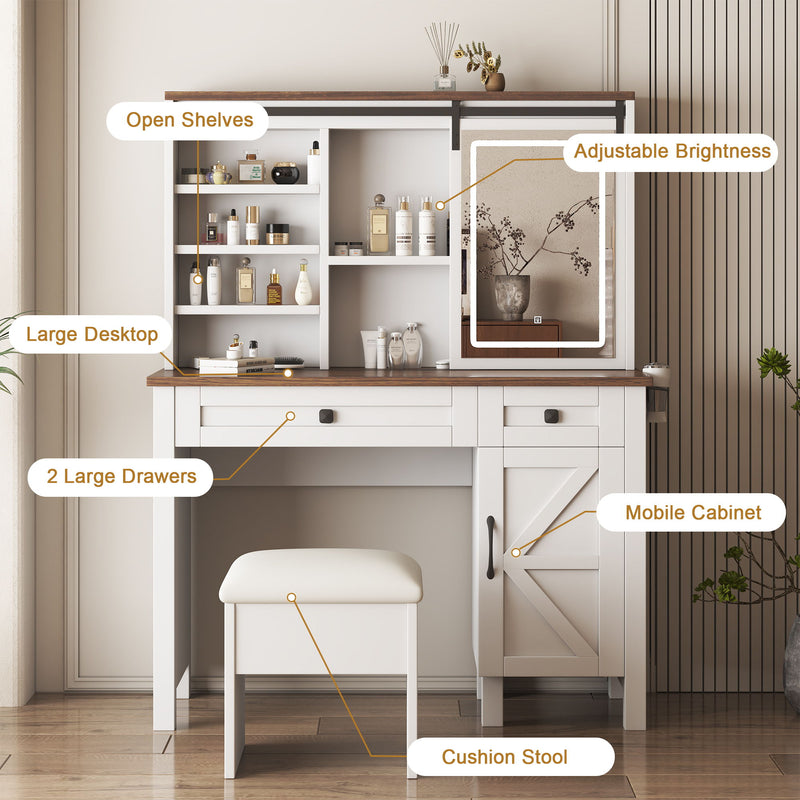 Farmhouse Makeup Vanity Desk With Sliding Mirror, LED Lights, And Storage Glass, Metal, And Wood Construction - White