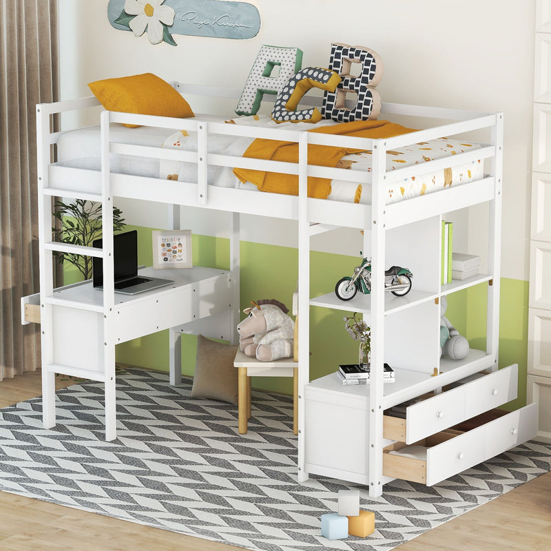 Twin Size Lo Feet Bed With Built-In Desk With Two Drawers, And Storage Shelves And Drawers, White
