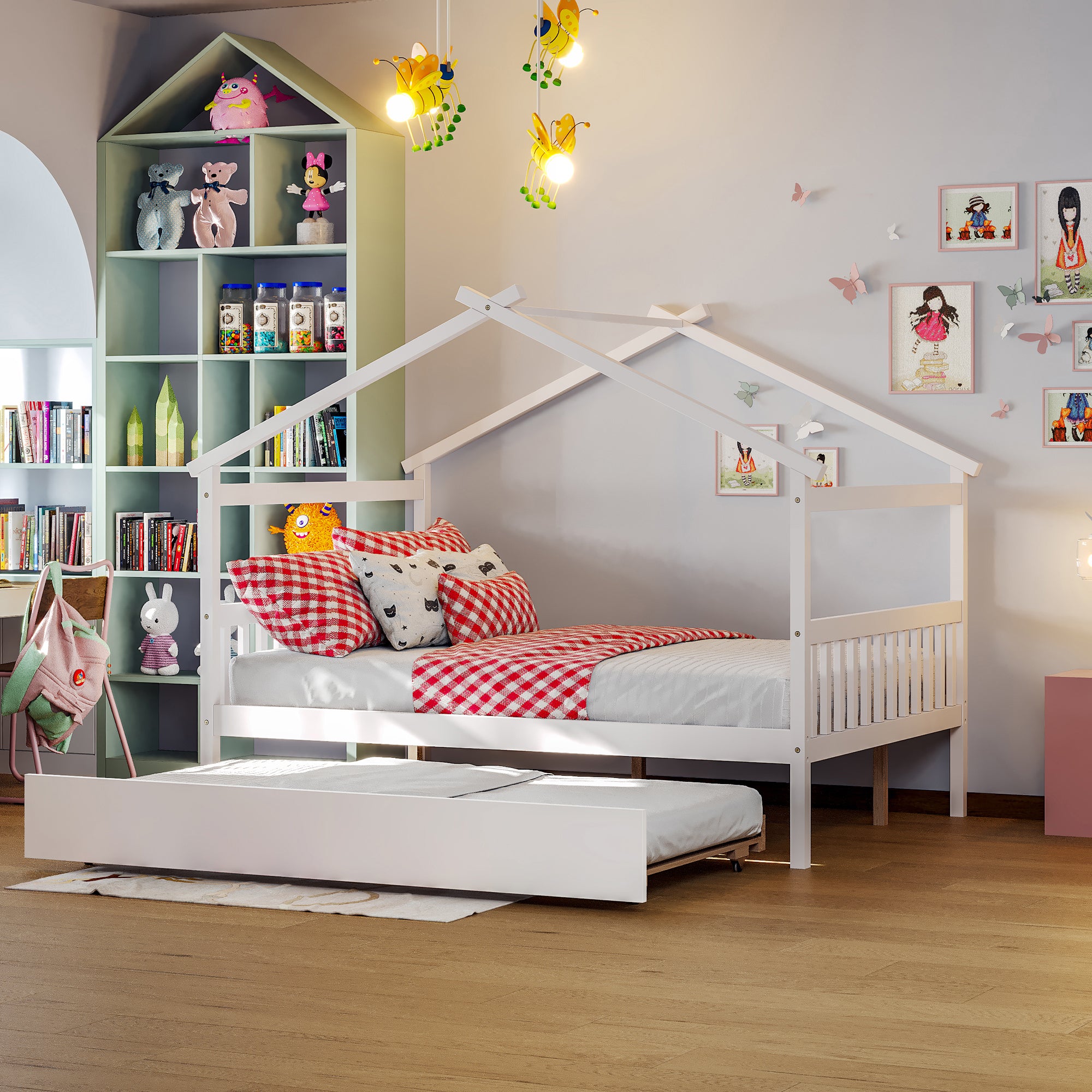 Full Size Wooden House Bed with Twin Size Trundle, White - Atlantic Fine Furniture Melbourne FL
