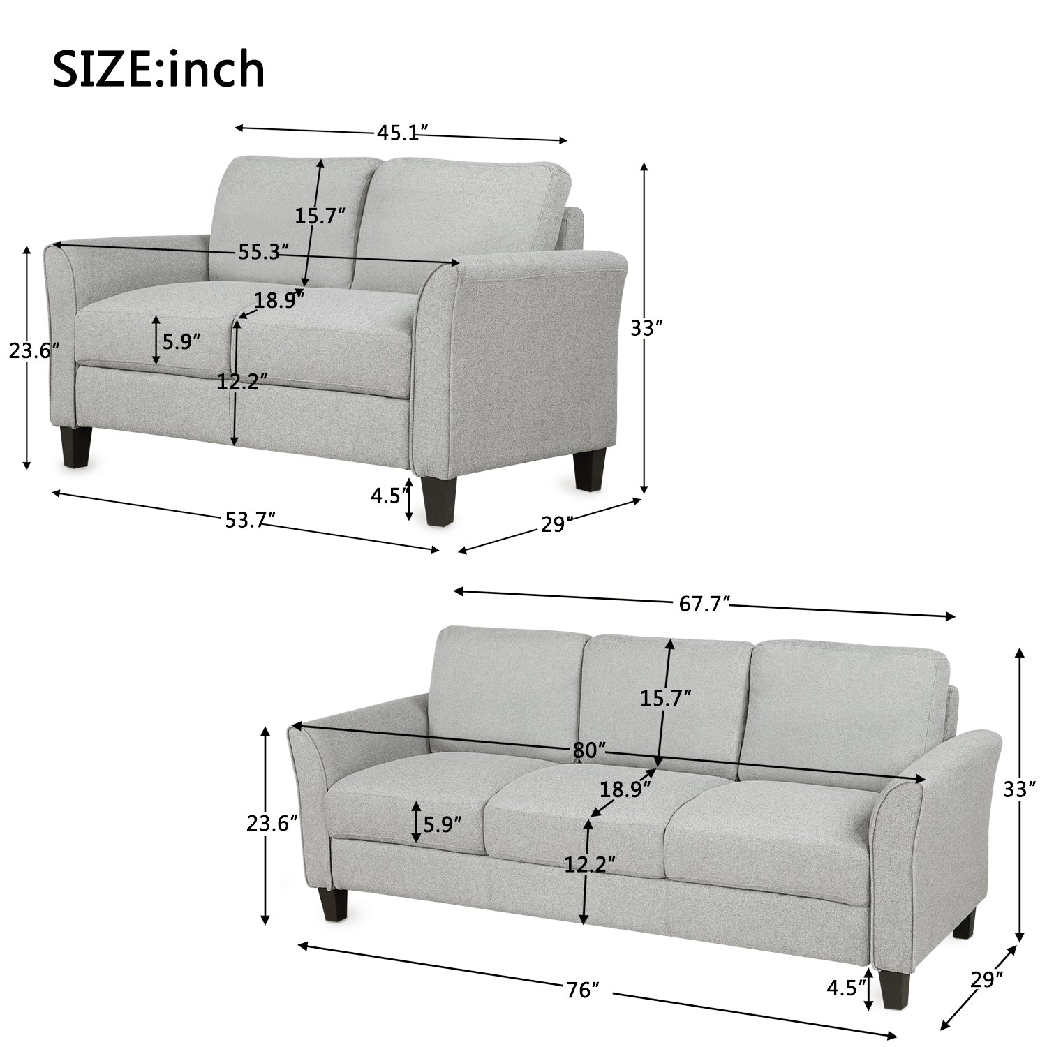 Living Room Furniture Loveseat Sofa and 3-seat  sofa (Light Gray) - Atlantic Fine Furniture Melbourne FL