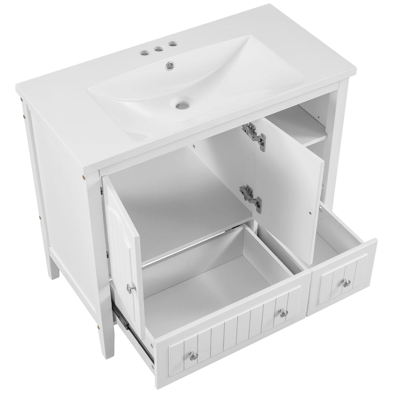 Bathroom Vanity With Ceramic Basin, Bathroom Storage Cabinet With Two Doors And Drawers, Solid Frame, Metal Handles