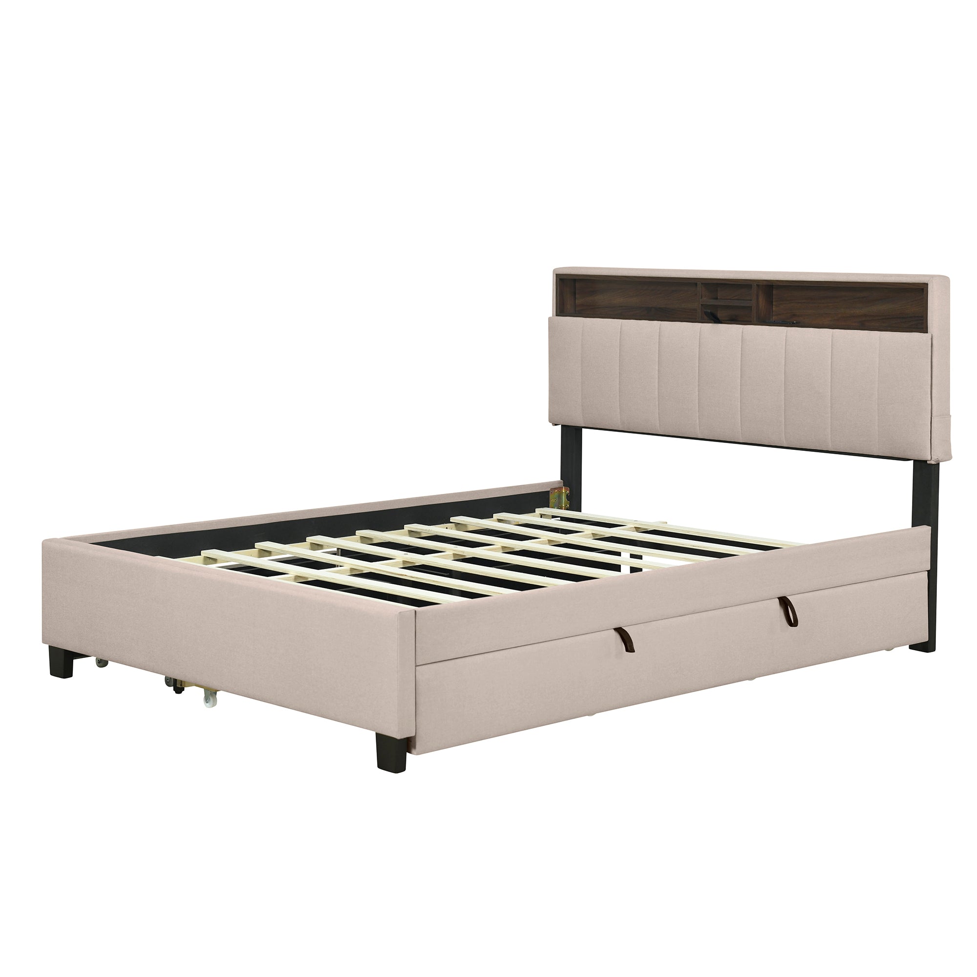 Queen size Upholstered Platform Bed with Storage Headboard, Twin XL Size Trundle & 2 drawers and a set of Sockets & USB Ports, Linen Fabric, Beige - Atlantic Fine Furniture Melbourne FL