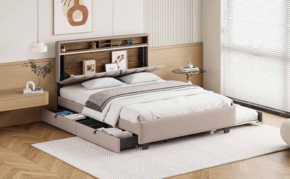 Queen size Upholstered Platform Bed with Storage Headboard, Twin XL Size Trundle & 2 drawers and a set of Sockets & USB Ports, Linen Fabric, Beige - Atlantic Fine Furniture Melbourne FL
