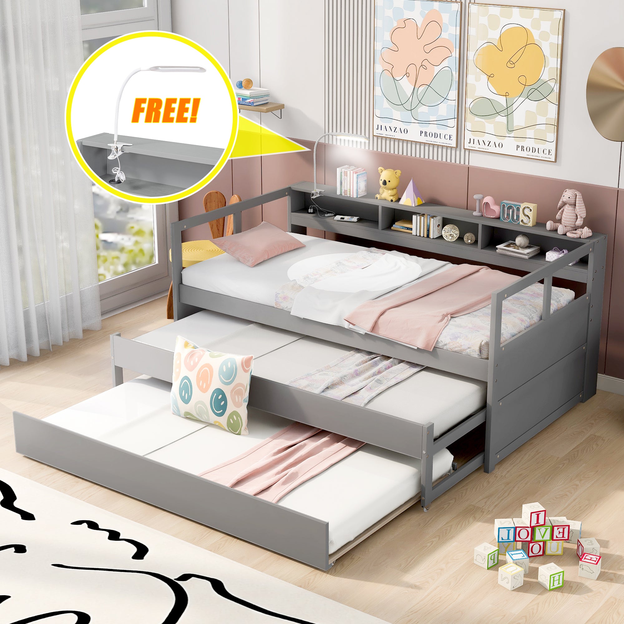 Twin XL Wood Daybed with 2 Trundles, 3 Storage Cubbies, 1 Light for Free and USB Charging Design, Gray - Atlantic Fine Furniture Melbourne FL