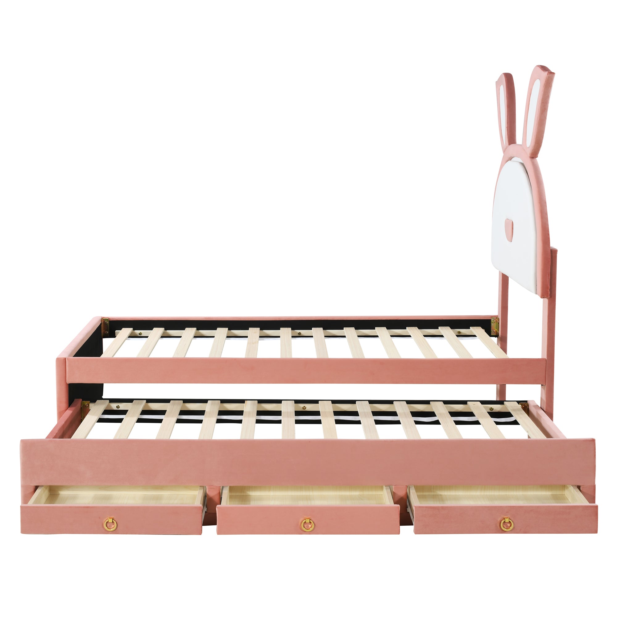 Twin Size Upholstered Platform Bed with Trundle and 3 Drawers, Rabbit-Shaped Headboard with Embedded LED Lights, Pink - Atlantic Fine Furniture Melbourne FL