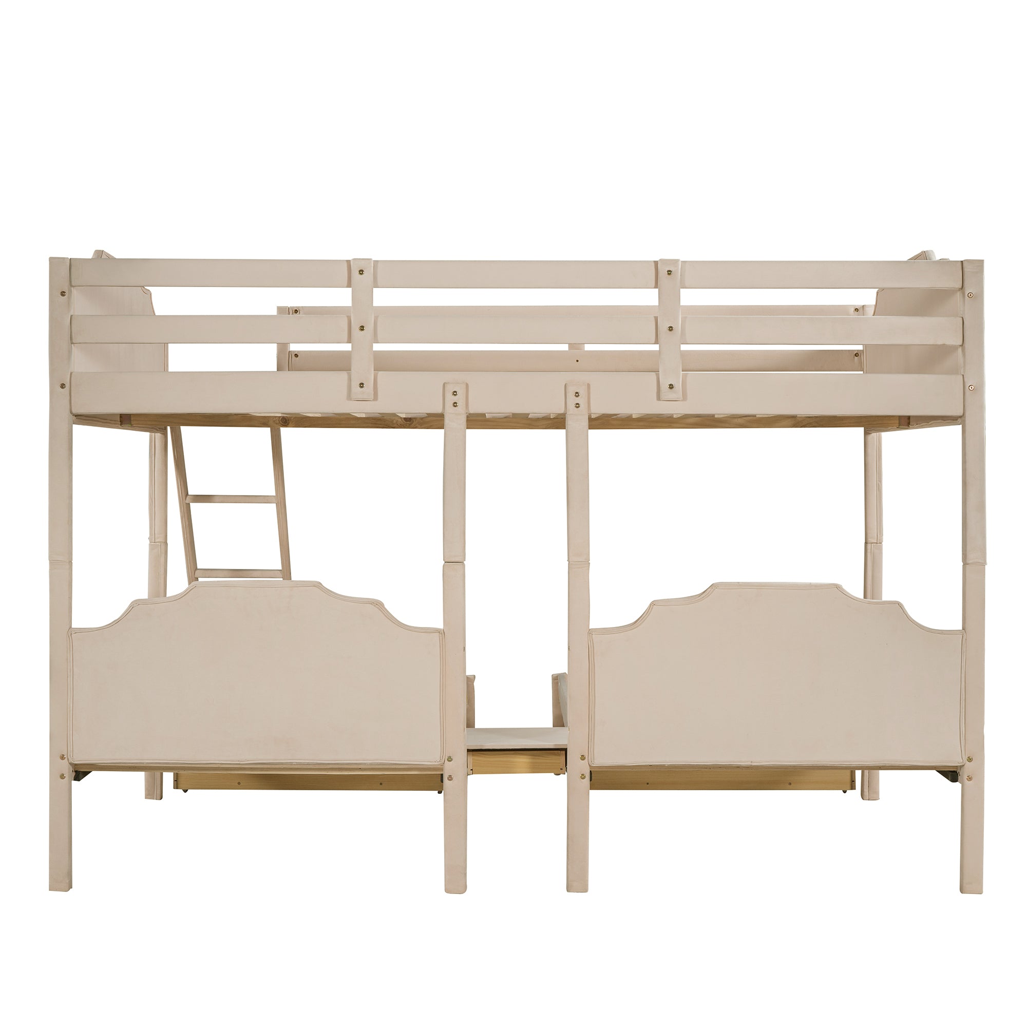 Full Over Twin & Twin Bunk Bed, Velvet Triple Bunk Bed with Drawers and Guardrails, Beige - Atlantic Fine Furniture Melbourne FL