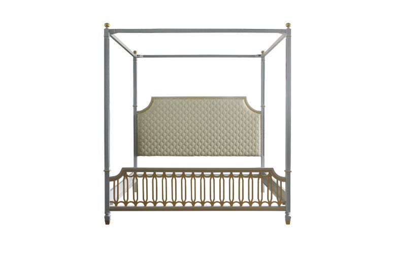 House - Marchese California King Bed - Beige PU, Gold & Pearl Gray Finish