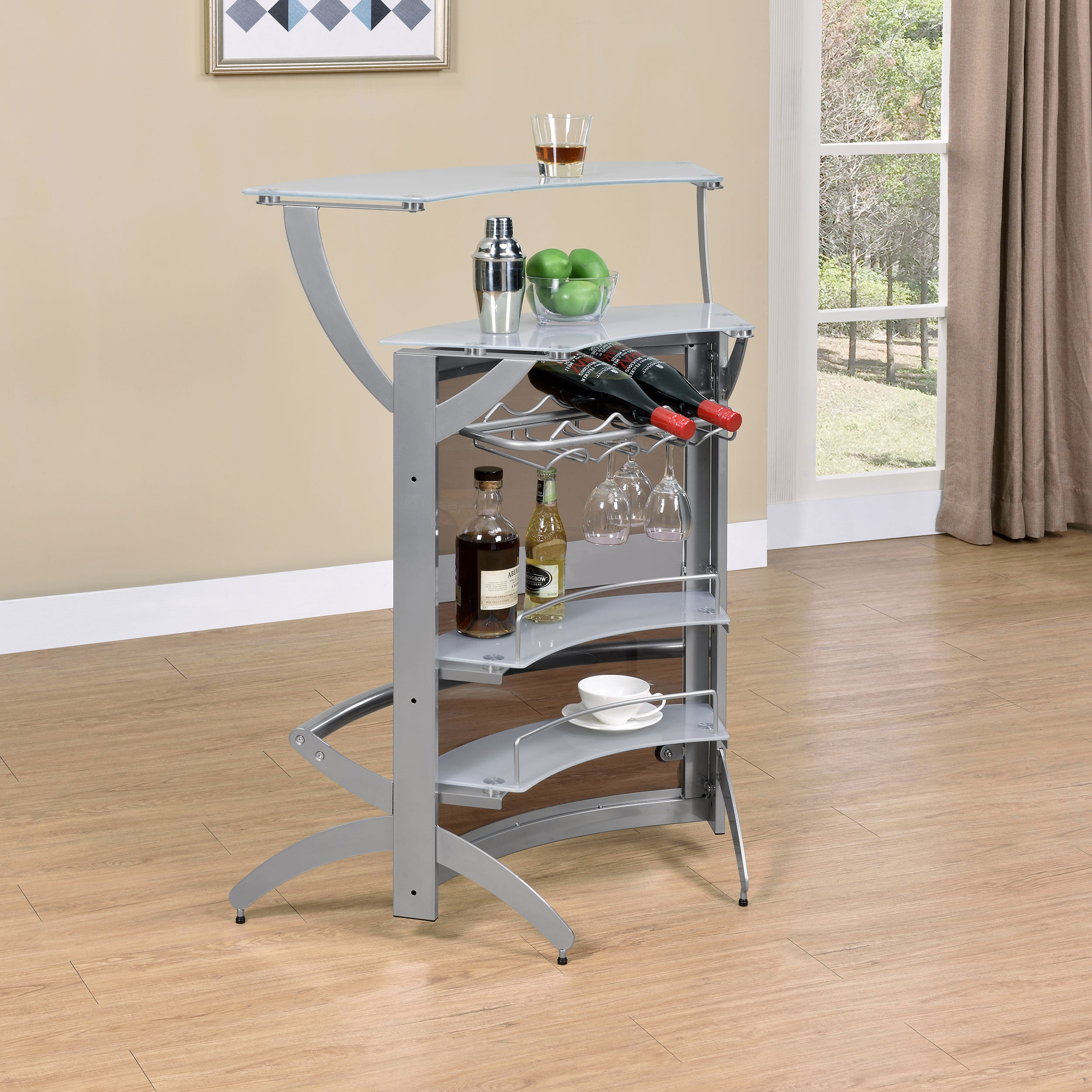 Dallas 2-shelf Curved Freestanding Home Bar Cabinet Silver — view 3