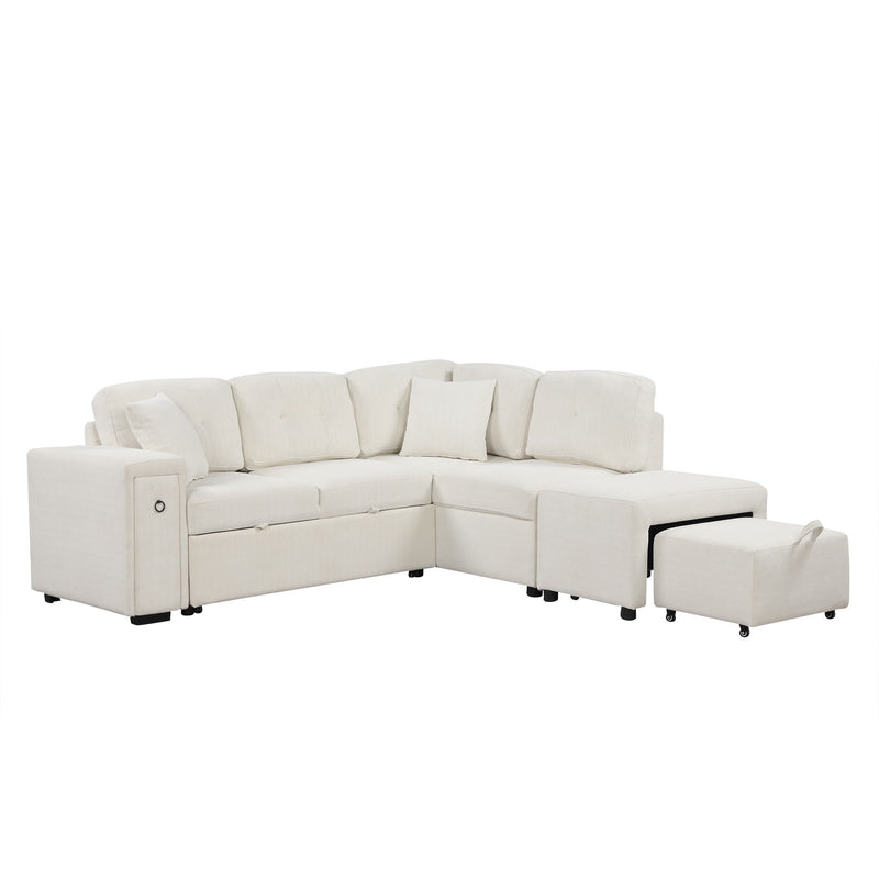 Sectional Sofa L-Shaped Sofa Couch Pull-Out Sofa Bed With A Movable Ottoman, Two USB Ports And Two Cup Holders For Living Room