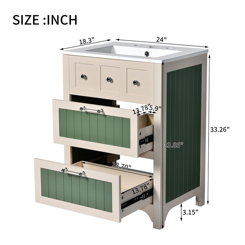 Bathroom Vanity With Ceramic Sink, Bathroom Vanity Cabinet With 2 Drawers, Wooden Bathroom Sink Cabinet - Beige / Green